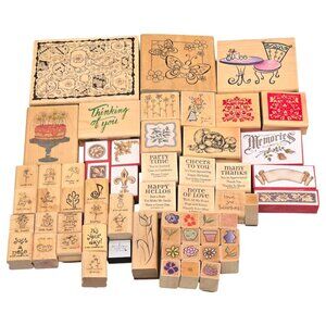 Vtg Wooden Rubber Stamp Lot of 60 Mixed Crafts Floral Sentiments & Decorative